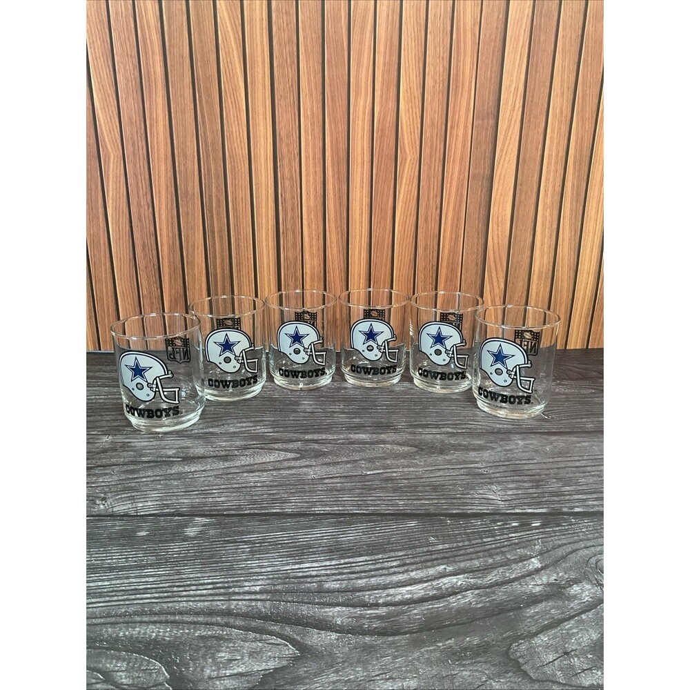 Vintage Set Of 6 12oz. Glass Dallas Cowboys Helmet Logo NFL 4" Tall